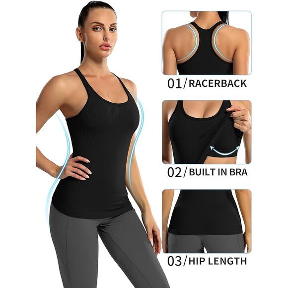 Women's Black Ribbed Workout Tank with Built-In Bra Size Medium - Like New -💪🖤 - Picture 4 of 9